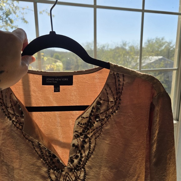 Jones New York Womens XL Gold Beaded Boho Festive Holiday Long Sleeve Blouse - Picture 5 of 9